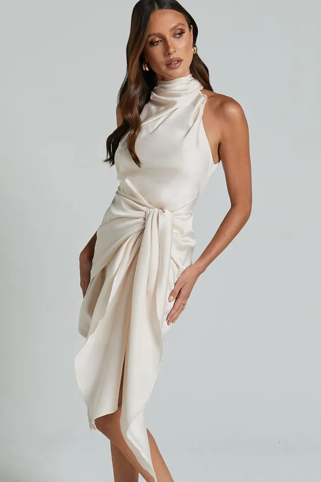 Behati Mini Dress 8211 High Neck Wrap In Oyster Women Showpo Dresses