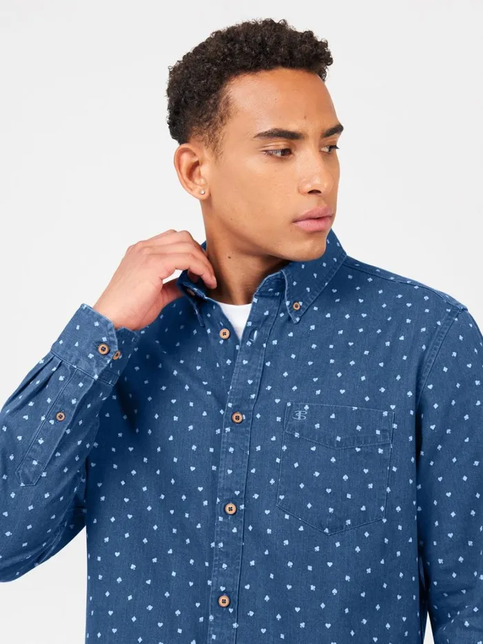 Ben Sherman Long Sleeve Shirts Men Long Sleeve Indigo Card Print Shirt