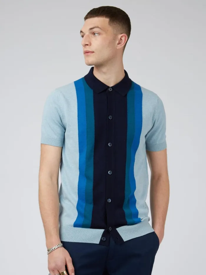 Ben Sherman Mod Knit Polos Men ButtonThrough Mod Knit Stripe Polo 8211 Sky