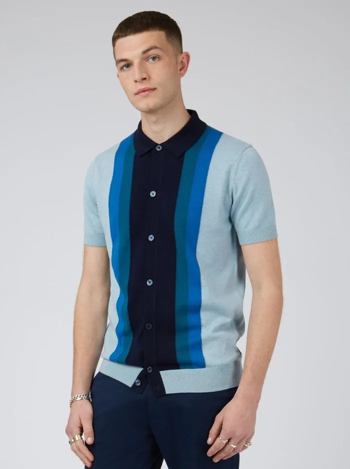 Ben Sherman Mod Knit Polos Men ButtonThrough Mod Knit Stripe Polo 8211 Sky