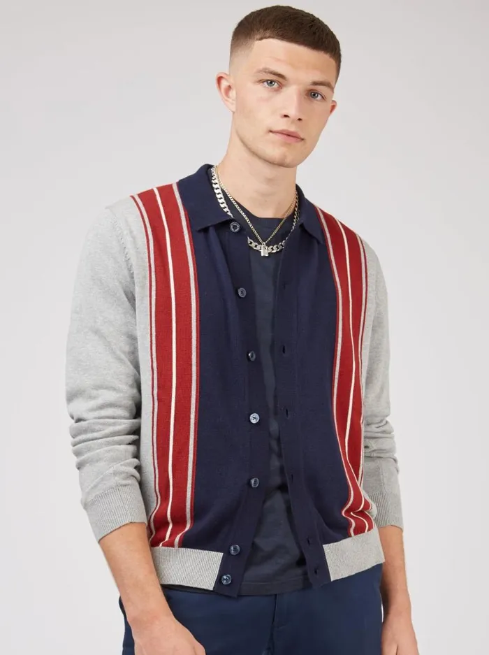 Ben Sherman Mod Knit Polos Men LongSleeve Knit Polo Sweater Polo Gray Navy Spring Polo Collared Sweater Polo Model