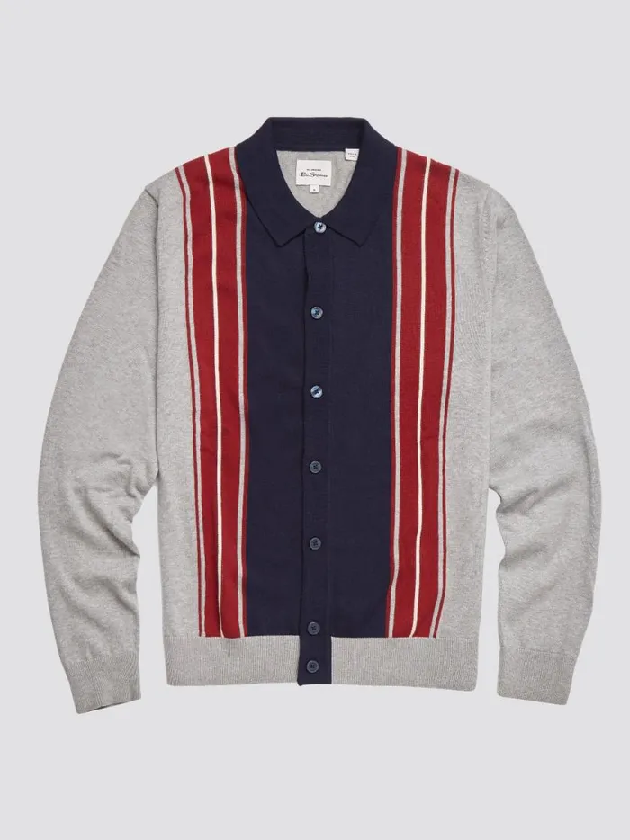 Ben Sherman Mod Knit Polos Men LongSleeve Knit Polo Sweater Polo Gray Navy Spring Polo Collared Sweater Polo Model