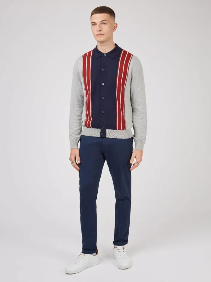 Ben Sherman Mod Knit Polos Men LongSleeve Knit Polo Sweater Polo Gray Navy Spring Polo Collared Sweater Polo Model