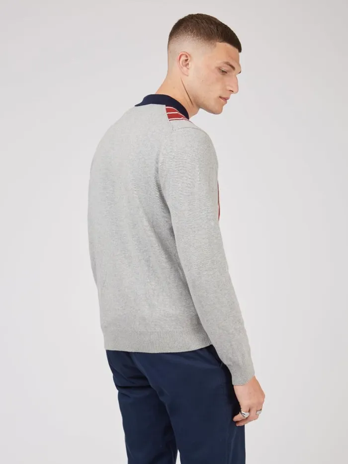 Ben Sherman Mod Knit Polos Men LongSleeve Knit Polo Sweater Polo Gray Navy Spring Polo Collared Sweater Polo Model