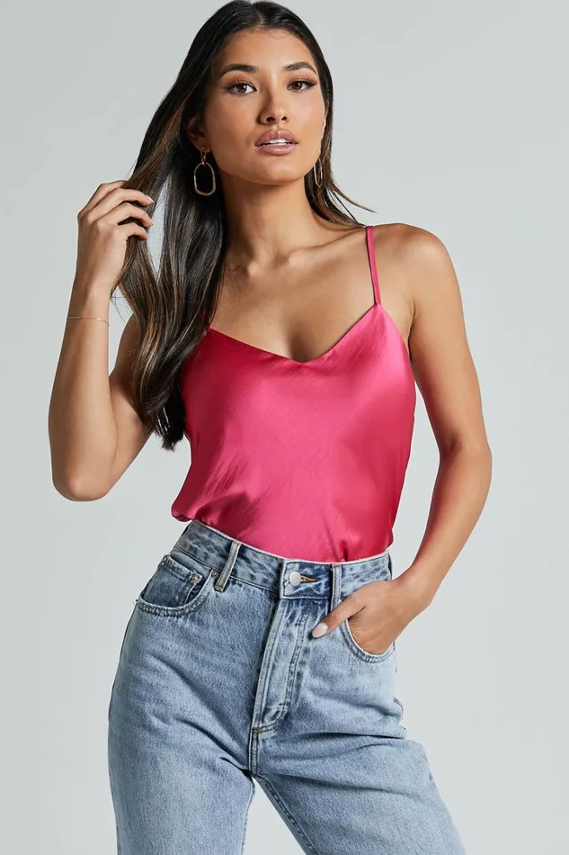Beryl Top 8211 Strappy V Neck Satin Cami In Pink Women Showpo Tops