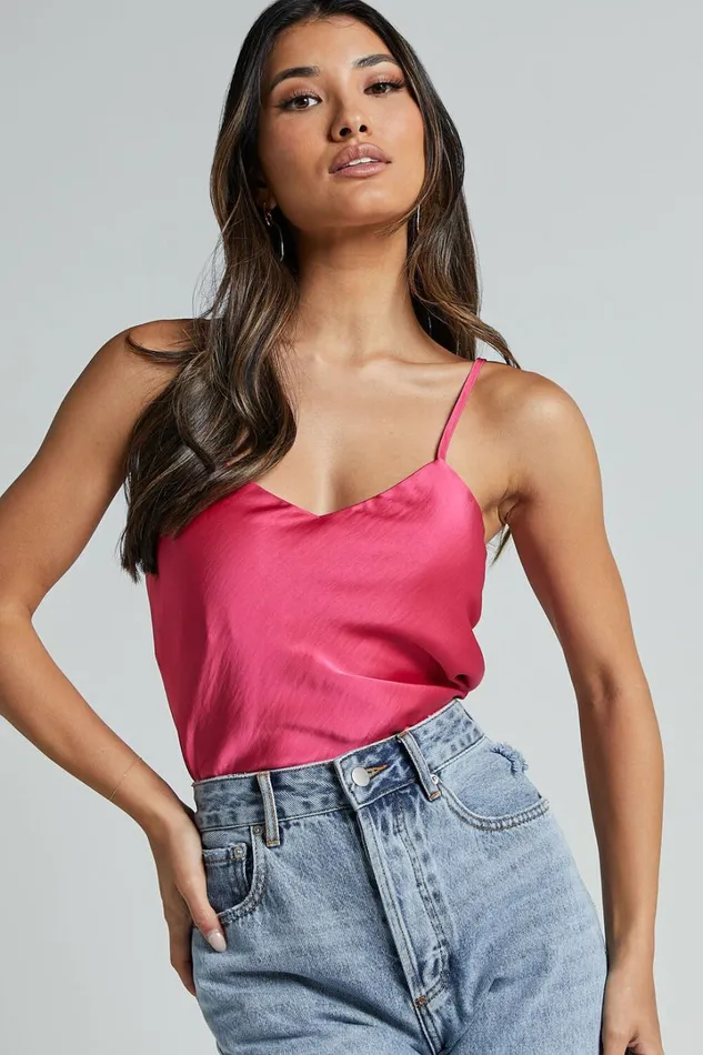 Beryl Top 8211 Strappy V Neck Satin Cami In Pink Women Showpo Tops