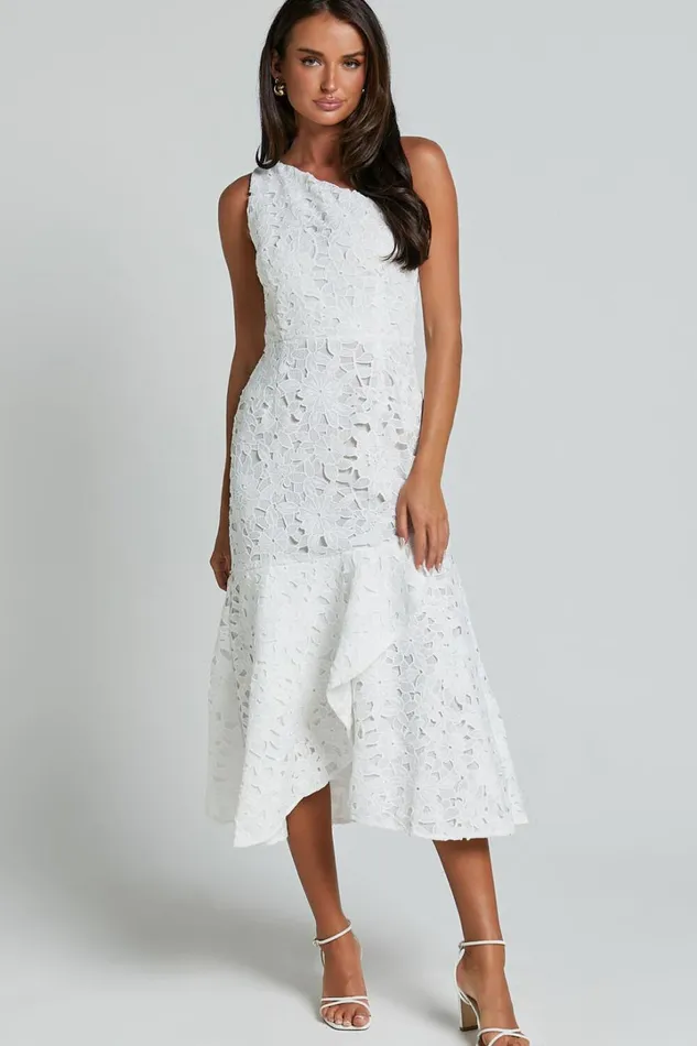 Beth Midi Dress 8211 One Shoulder Ruffle Hem Lace Dress In White Women Showpo Curve Clothes Beth Midi Dress 8211 One Shoulder Ruffle Hem Lace Dress In White Women Showpo Curve Clothes