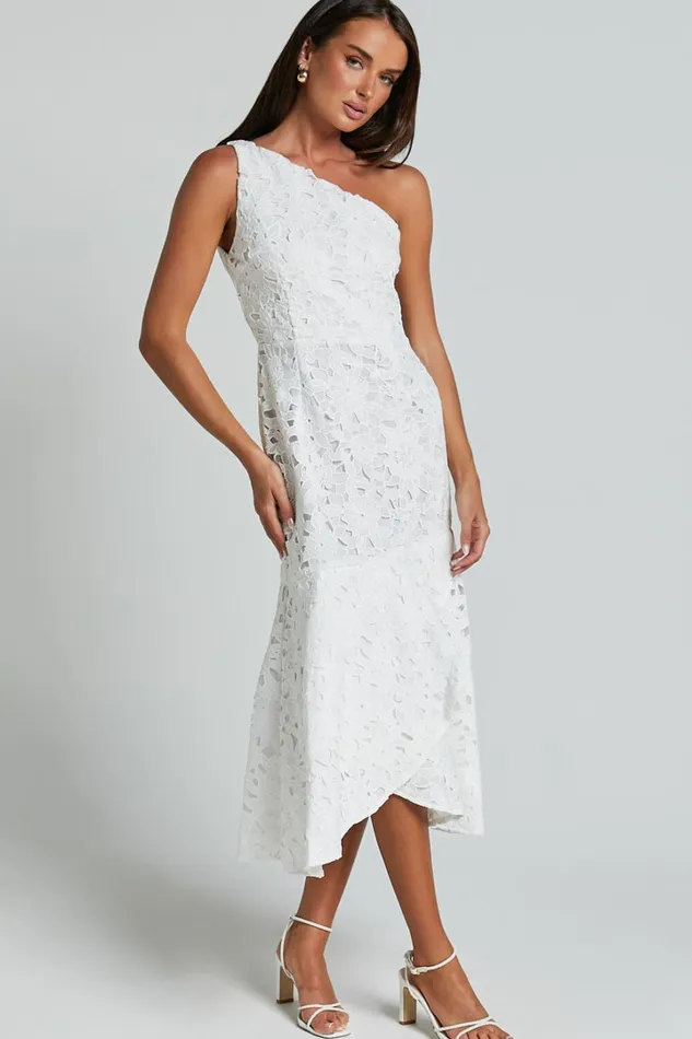 Beth Midi Dress 8211 One Shoulder Ruffle Hem Lace Dress In White Women Showpo Curve Clothes