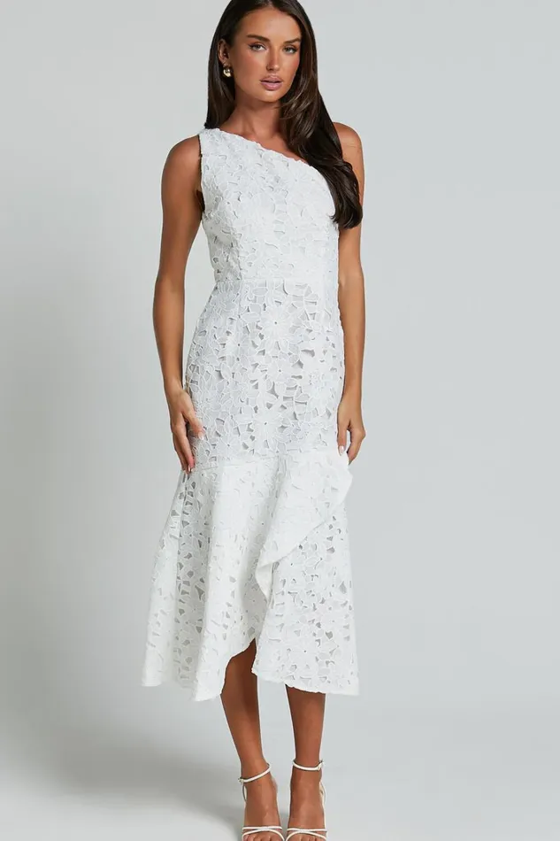 Beth Midi Dress 8211 One Shoulder Ruffle Hem Lace Dress In White Women Showpo Curve Clothes