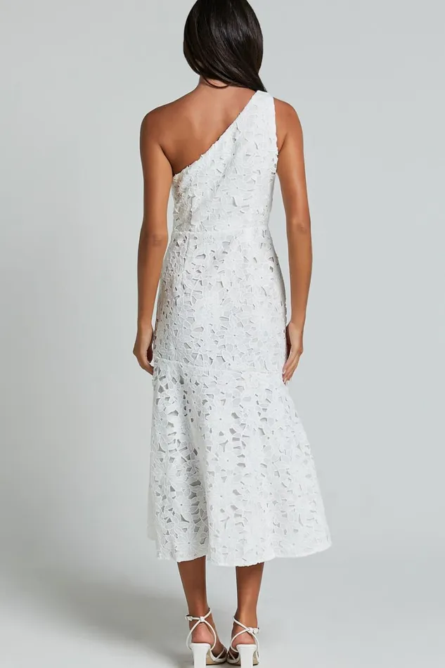 Beth Midi Dress 8211 One Shoulder Ruffle Hem Lace Dress In White Women Showpo Curve Clothes