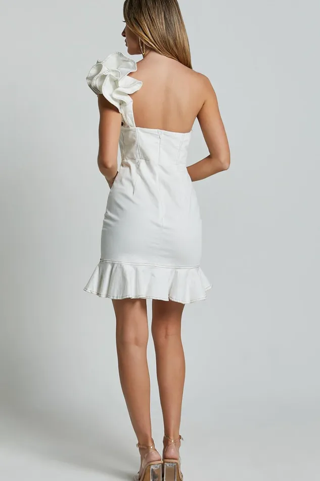 Bethany Mini Dress 8211 One Shoulder Ruffle Detail Dress In Cream Women Showpo Dresses
