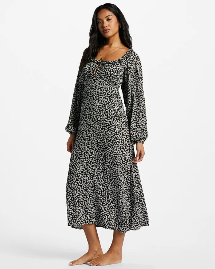 Better Days Long Sleeve Midi Dress Black Pebble Women Billabong Midi Dresses