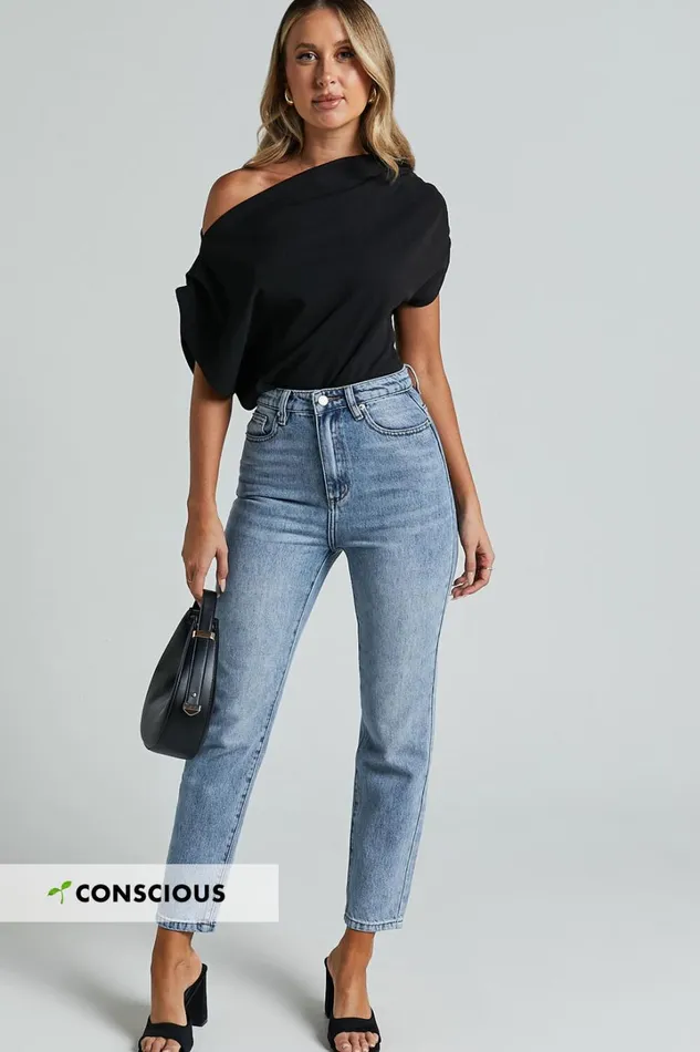 Billie Jeans 8211 High Waisted Recycled Cotton Mom Denim Jeans In Mid Blue Wash Women Showpo Denim