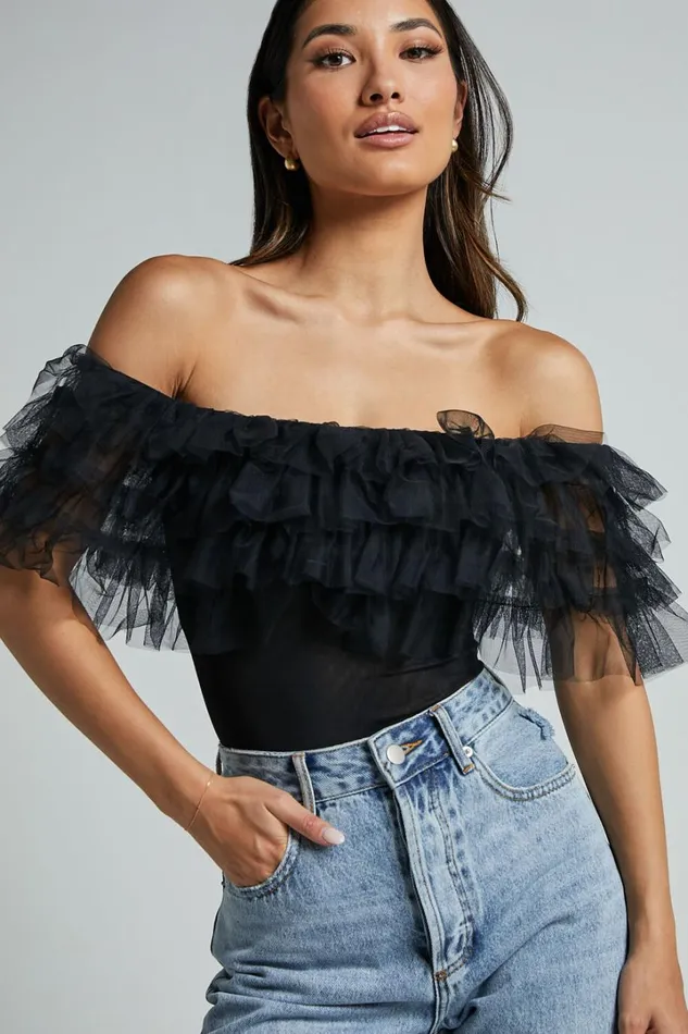 Blake Bodysuit 8211 Off Shoulder Tiered Tulle Bodysuit In Black Women Showpo Tops