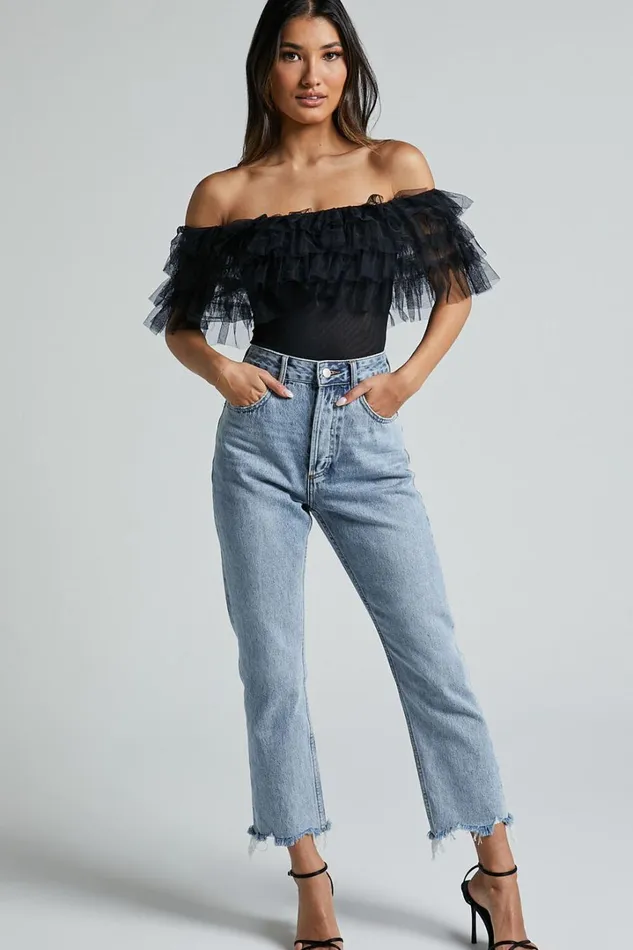 Blake Bodysuit 8211 Off Shoulder Tiered Tulle Bodysuit In Black Women Showpo Tops