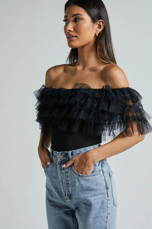 Blake Bodysuit 8211 Off Shoulder Tiered Tulle Bodysuit In Black Women Showpo Tops