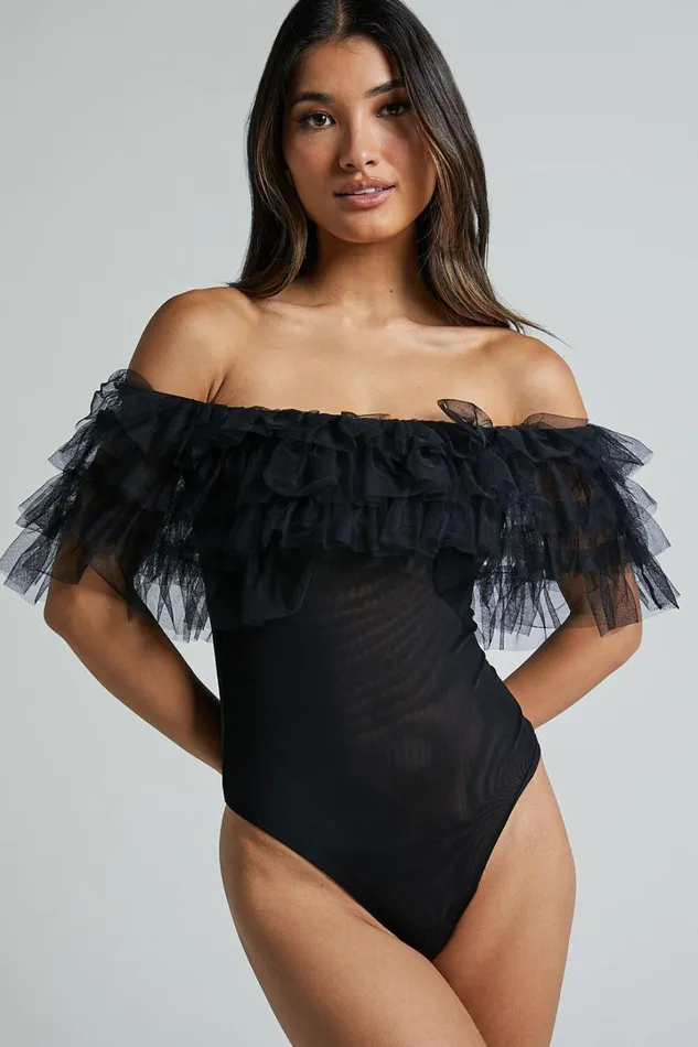 Blake Bodysuit 8211 Off Shoulder Tiered Tulle Bodysuit In Black Women Showpo Tops