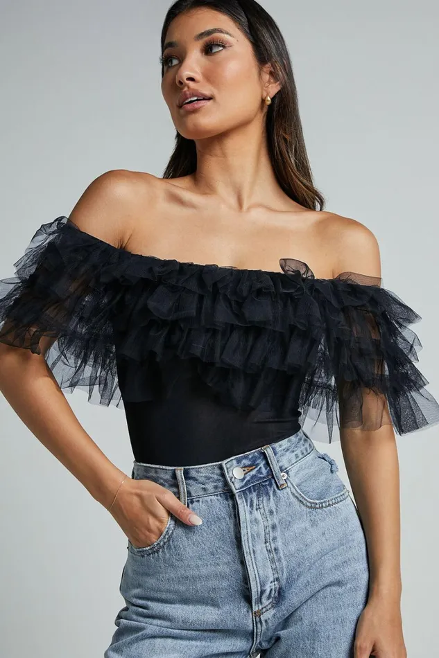 Blake Bodysuit 8211 Off Shoulder Tiered Tulle Bodysuit In Black Women Showpo Tops