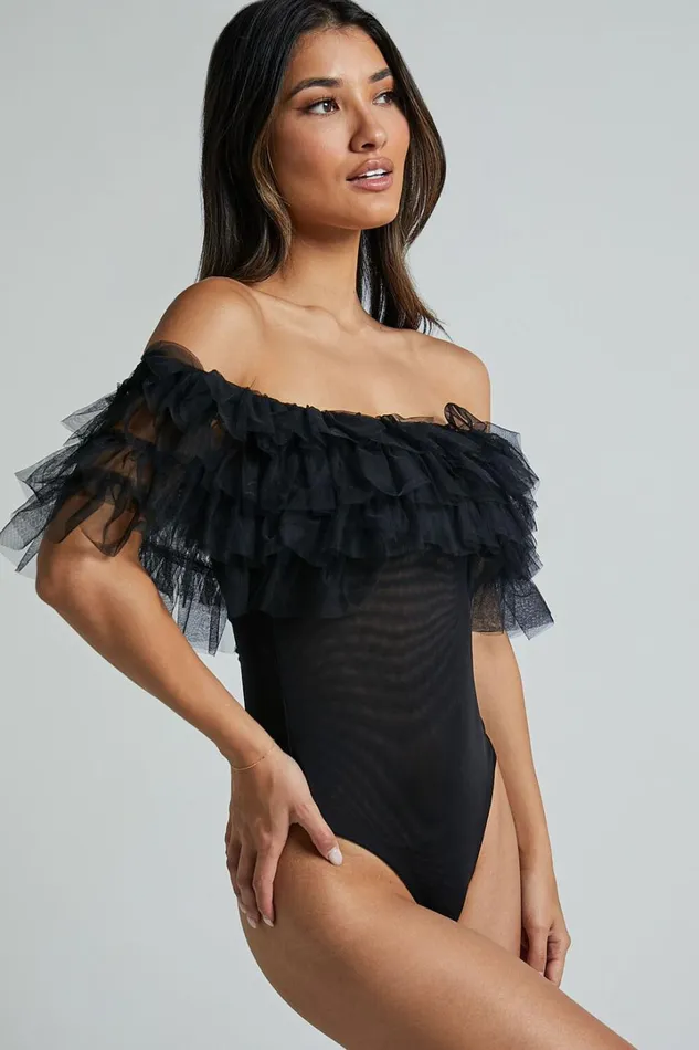 Blake Bodysuit 8211 Off Shoulder Tiered Tulle Bodysuit In Black Women Showpo Tops