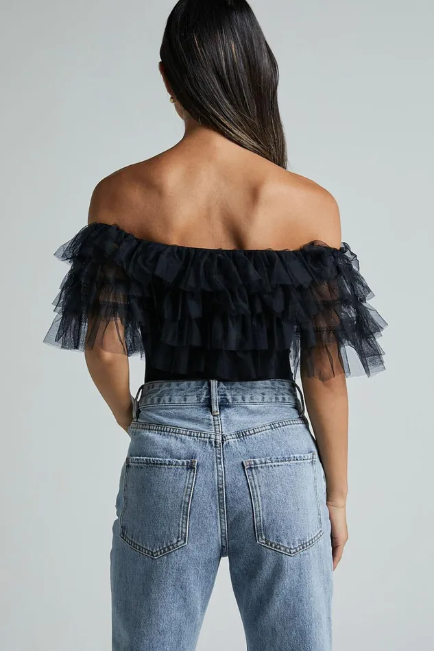 Blake Bodysuit 8211 Off Shoulder Tiered Tulle Bodysuit In Black Women Showpo Tops