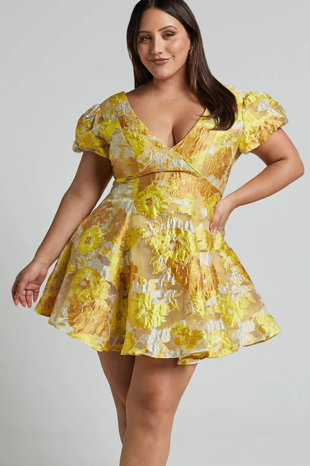 Brailey Jacquard Mini Dress 8211 Puff Sleeve Dress In Yellow Floral Women Showpo Dresses