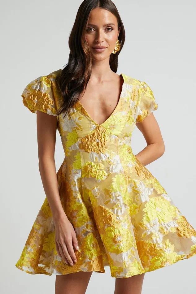 Brailey Jacquard Mini Dress 8211 Puff Sleeve Dress In Yellow Floral Women Showpo Dresses