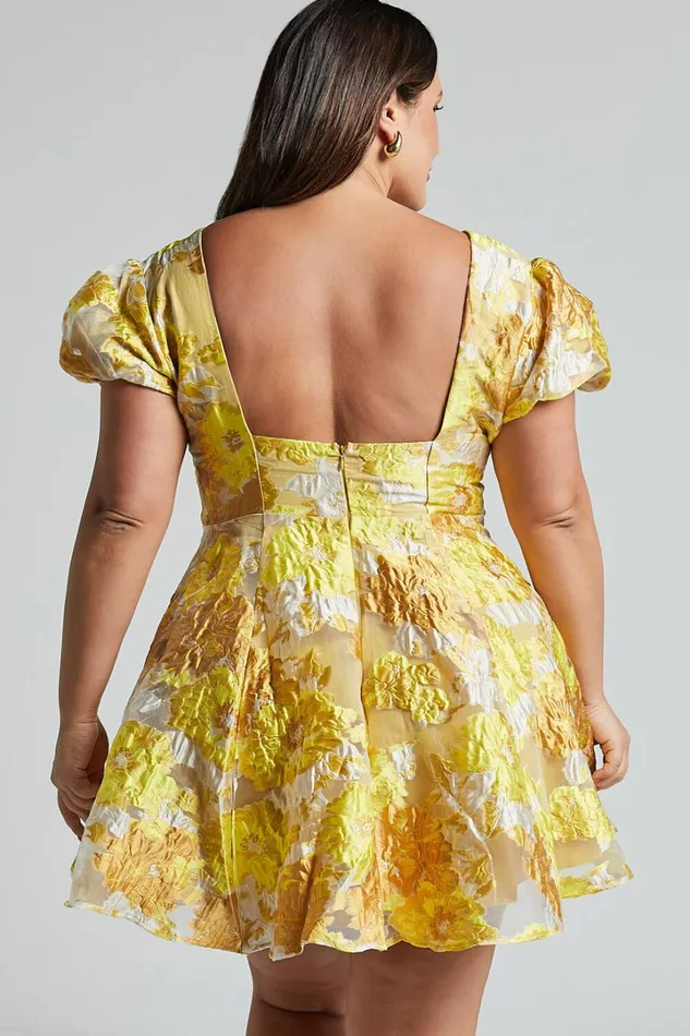 Brailey Jacquard Mini Dress 8211 Puff Sleeve Dress In Yellow Floral Women Showpo Dresses