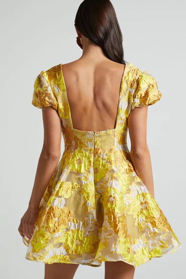 Brailey Jacquard Mini Dress 8211 Puff Sleeve Dress In Yellow Floral Women Showpo Dresses