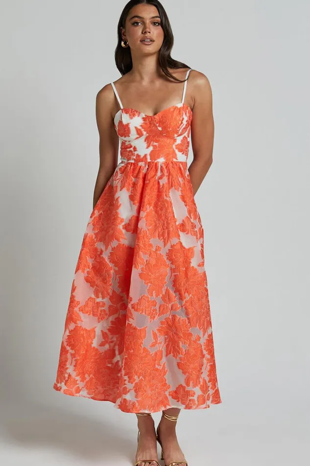 Brailey Midi Dress 8211 Aline Corset Detail Dress In Orange Women Showpo Curve Clothes