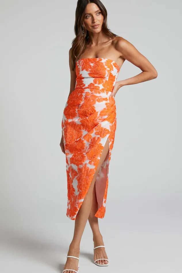 Brailey Midi Dress 8211 Thigh Split Strapless Dress In Orange and White Jacquard Women Showpo Curve Clothes