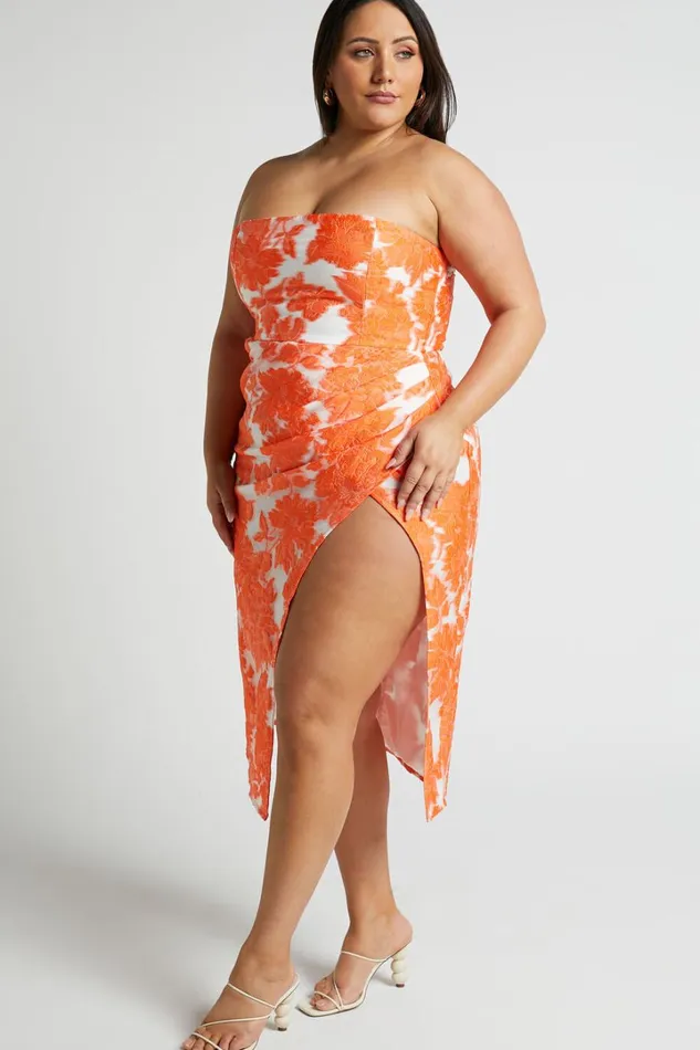 Brailey Midi Dress 8211 Thigh Split Strapless Dress In Orange and White Jacquard Women Showpo Curve Clothes