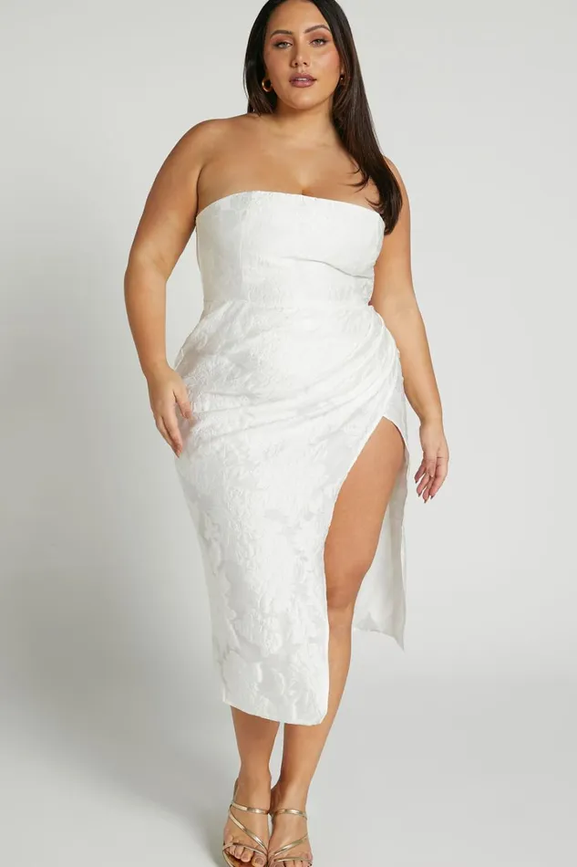Brailey Midi Dress 8211 Thigh Split Strapless Dress In White Jacquard Women Showpo Curve Clothes Brailey Midi Dress 8211 Thigh Split Strapless Dress In White Jacquard Women Showpo Curve Clothes