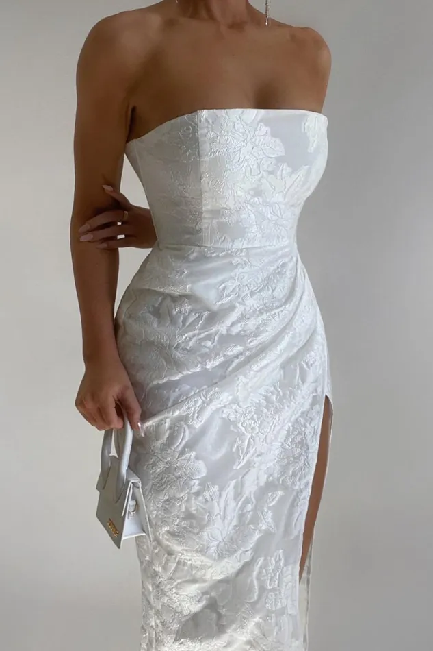 Brailey Midi Dress 8211 Thigh Split Strapless Dress In White Jacquard Women Showpo Curve Clothes Brailey Midi Dress 8211 Thigh Split Strapless Dress In White Jacquard Women Showpo Curve Clothes