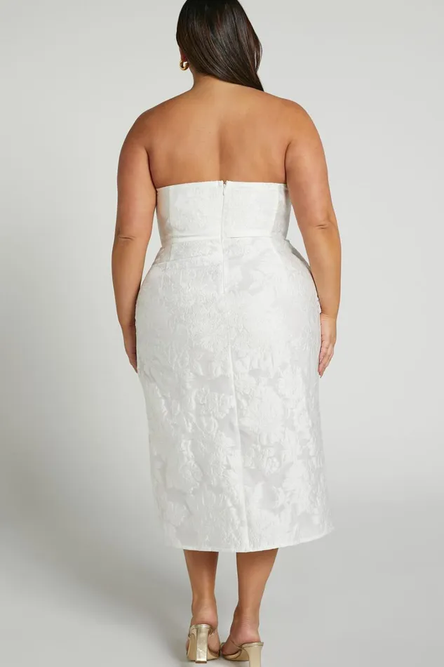 Brailey Midi Dress 8211 Thigh Split Strapless Dress In White Jacquard Women Showpo Curve Clothes Brailey Midi Dress 8211 Thigh Split Strapless Dress In White Jacquard Women Showpo Curve Clothes
