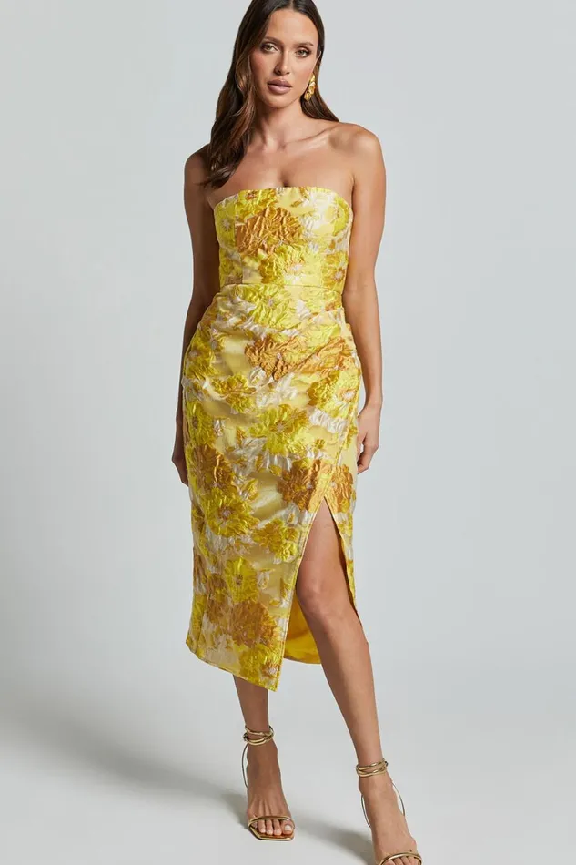 Brailey Midi Dress 8211 Thigh Split Strapless Dress In Yellow Jacquard Women Showpo Curve Clothes Brailey Midi Dress 8211 Thigh Split Strapless Dress In Yellow Jacquard Women Showpo Curve Clothes