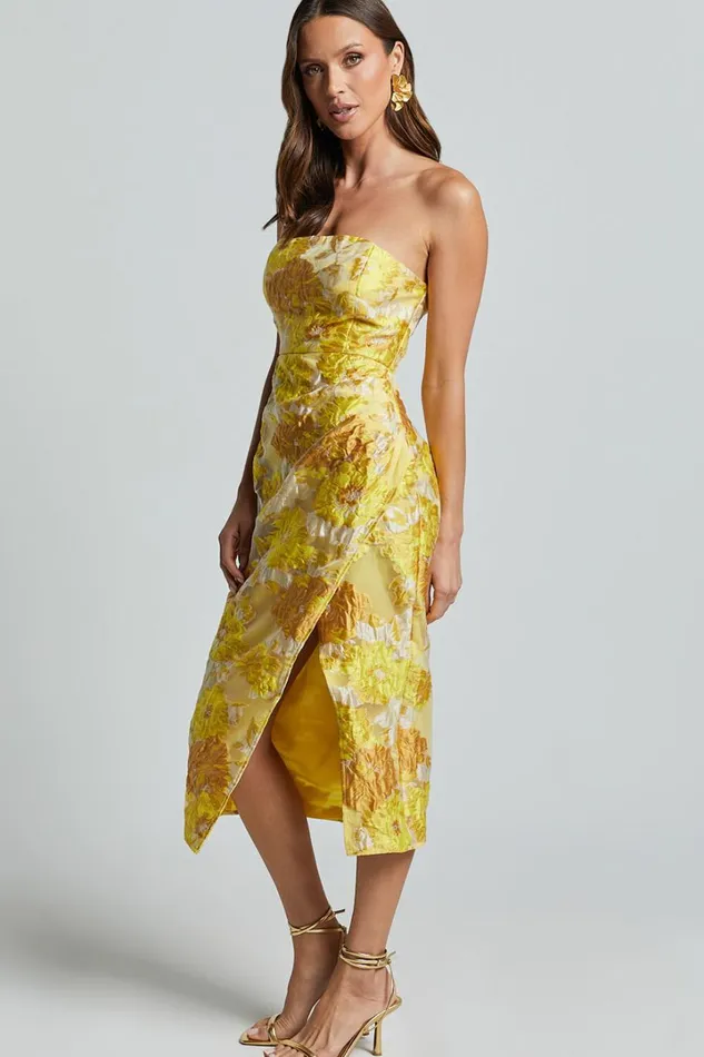 Brailey Midi Dress 8211 Thigh Split Strapless Dress In Yellow Jacquard Women Showpo Curve Clothes
