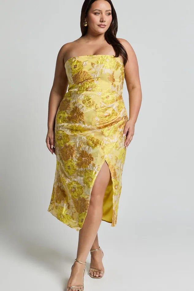 Brailey Midi Dress 8211 Thigh Split Strapless Dress In Yellow Jacquard Women Showpo Curve Clothes