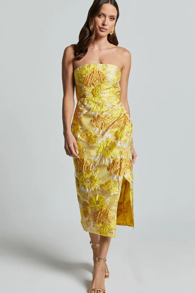 Brailey Midi Dress 8211 Thigh Split Strapless Dress In Yellow Jacquard Women Showpo Curve Clothes