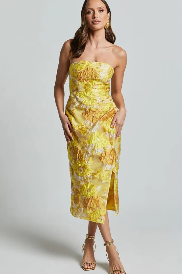Brailey Midi Dress 8211 Thigh Split Strapless Dress In Yellow Jacquard Women Showpo Curve Clothes