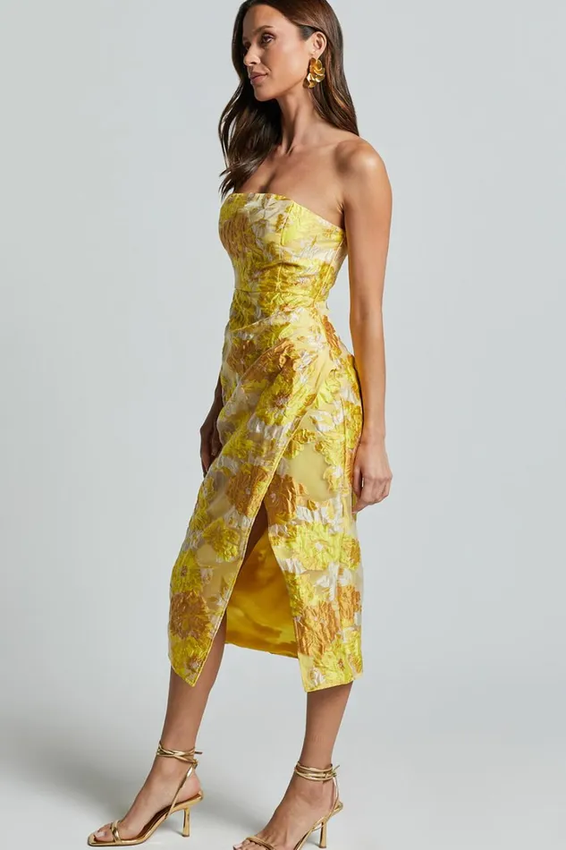 Brailey Midi Dress 8211 Thigh Split Strapless Dress In Yellow Jacquard Women Showpo Curve Clothes