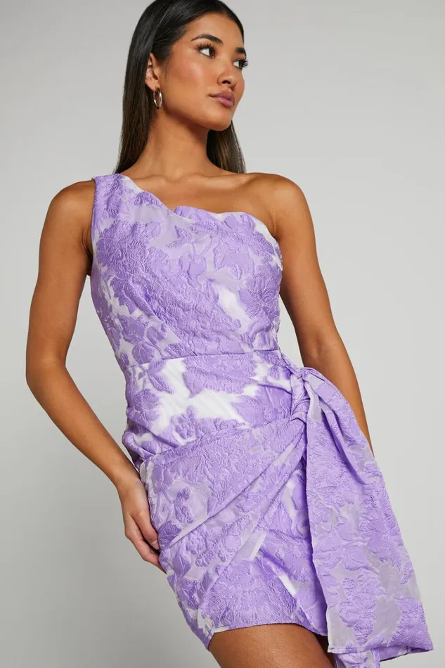 Brailey Mini Dress 8211 One Shoulder Wrap Front Dress In Purple Jacquard Women Showpo Curve Clothes