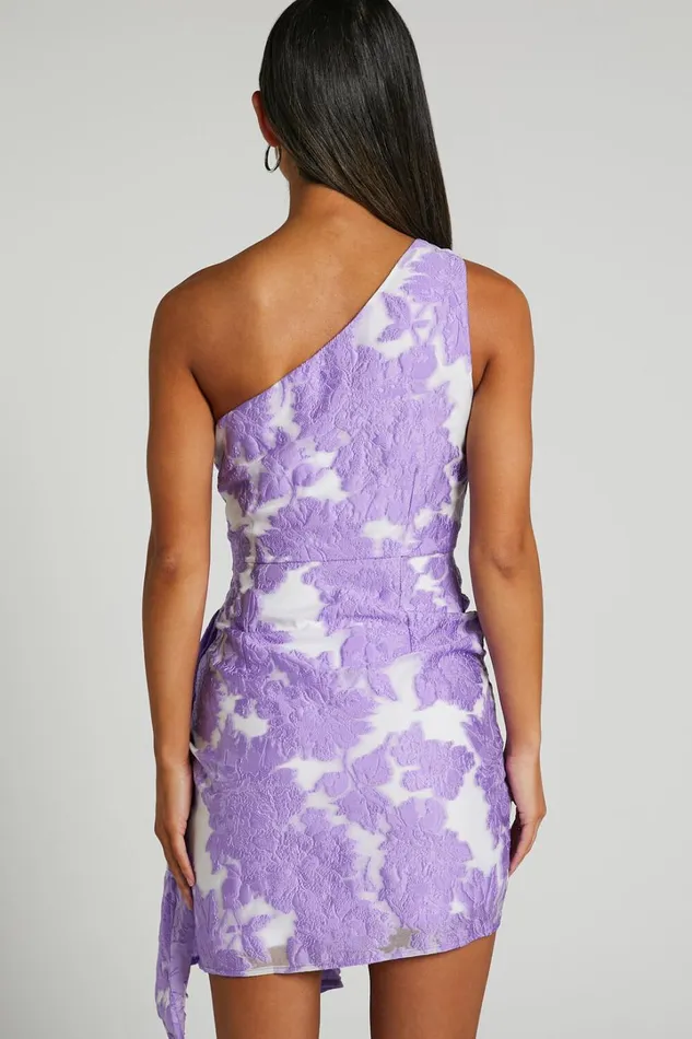 Brailey Mini Dress 8211 One Shoulder Wrap Front Dress In Purple Jacquard Women Showpo Curve Clothes