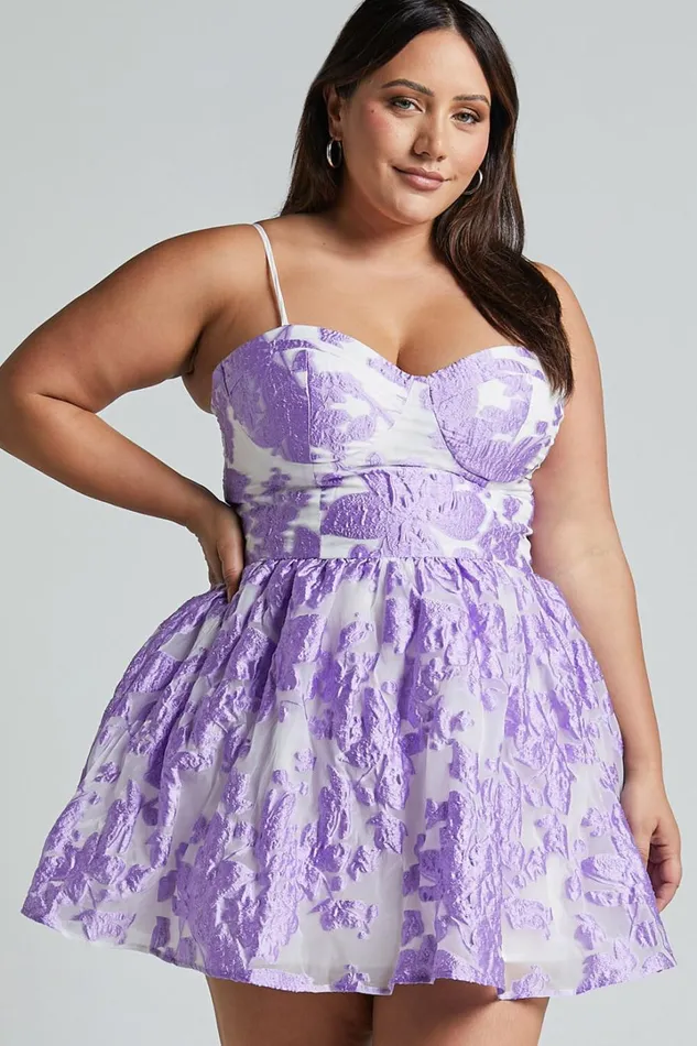 Brailey Mini Dress 8211 Sweetheart Bustier Dress In Purple Jacquard Women Showpo Curve Clothes