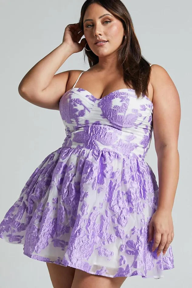 Brailey Mini Dress 8211 Sweetheart Bustier Dress In Purple Jacquard Women Showpo Curve Clothes