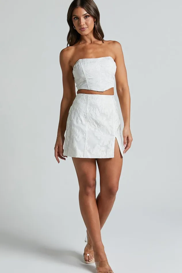 Brailey Mini Skirt 8211 Split Jacquard Skirt In White Women Showpo Skirts