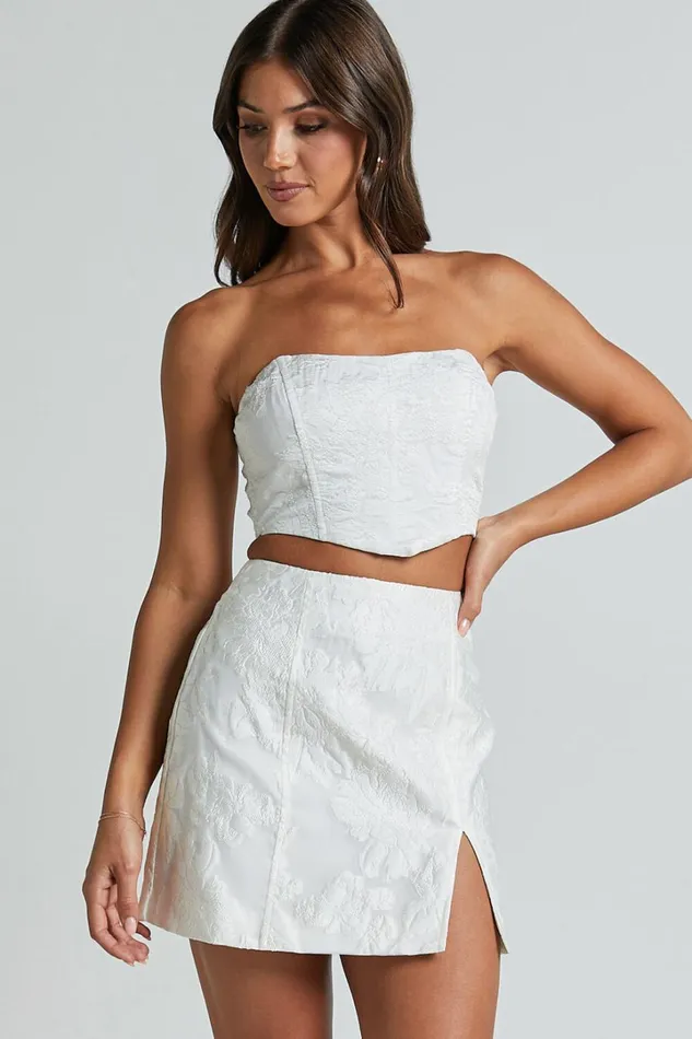 Brailey Mini Skirt 8211 Split Jacquard Skirt In White Women Showpo Skirts