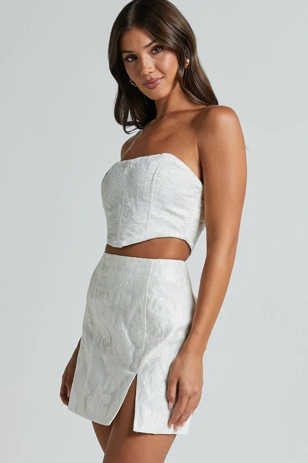 Brailey Mini Skirt 8211 Split Jacquard Skirt In White Women Showpo Skirts
