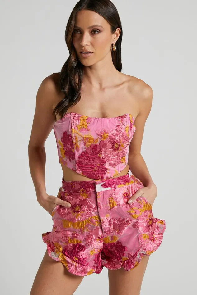 Brailey Top 8211 Bustier Top In Pink Jacquard Women Showpo Tops