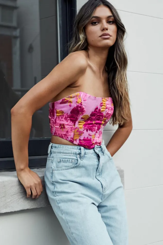 Brailey Top 8211 Bustier Top In Pink Jacquard Women Showpo Tops