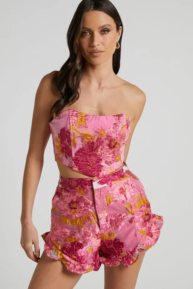 Brailey Top 8211 Bustier Top In Pink Jacquard Women Showpo Tops